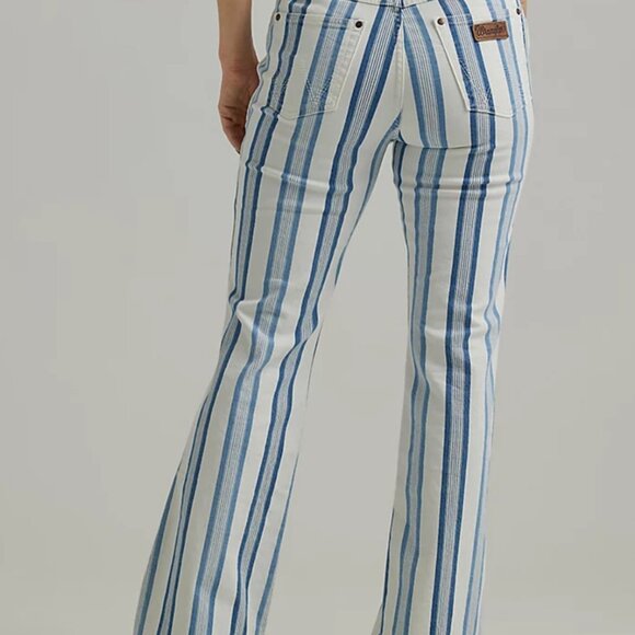 Wrangler Retro Bailey High Rise Flare Striped Jeans Blue White Denim Womens 9/10 - Picture 2 of 9